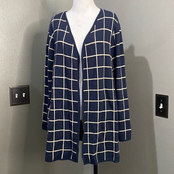 Charter Club Windowpane Navy Tan Open Front Knit Cardigan - Picture 1 of 7